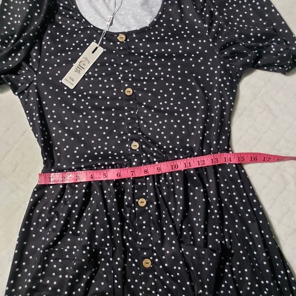Kilig Polka-dot Midi Dress Women's Black Medium Long Sleeve Faux Button Pockets - Picture 7 of 9
